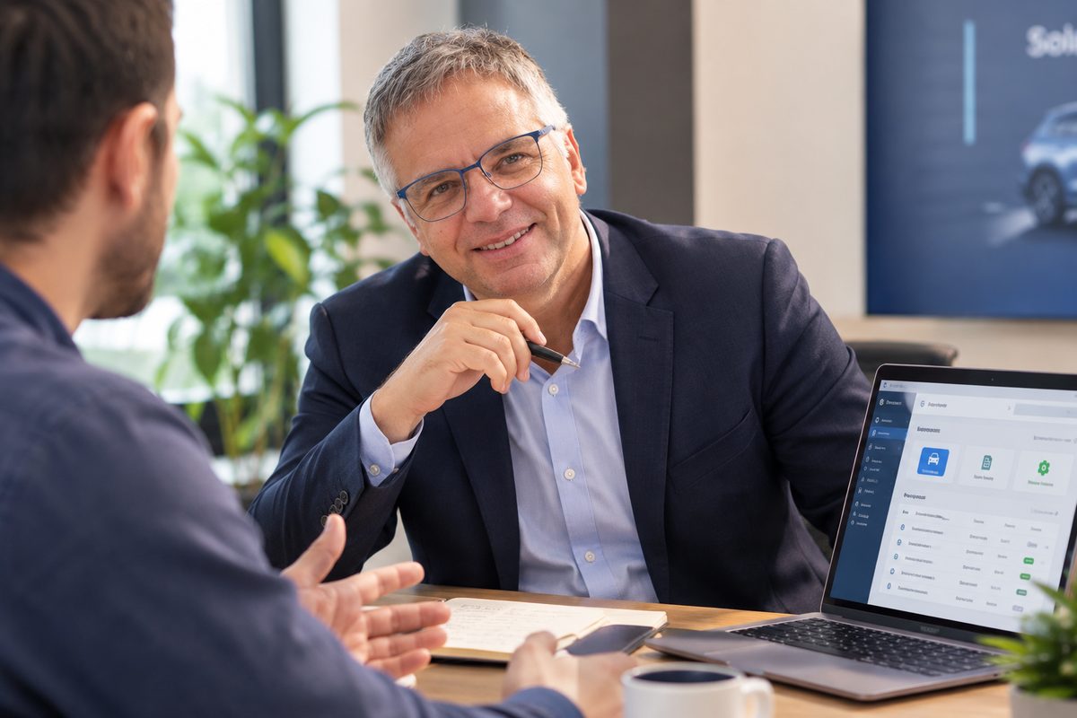 Patrice Martinez, consultant en maîtrise d'ouvrage, en premier échange avec un client autour d'un ordinateur portable