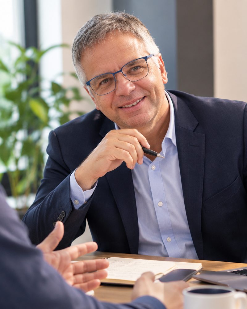 Patrice Martinez, consultant en maîtrise d'ouvrage, souriant, lunettes et veste bleu marine, en rendez-vous de travail