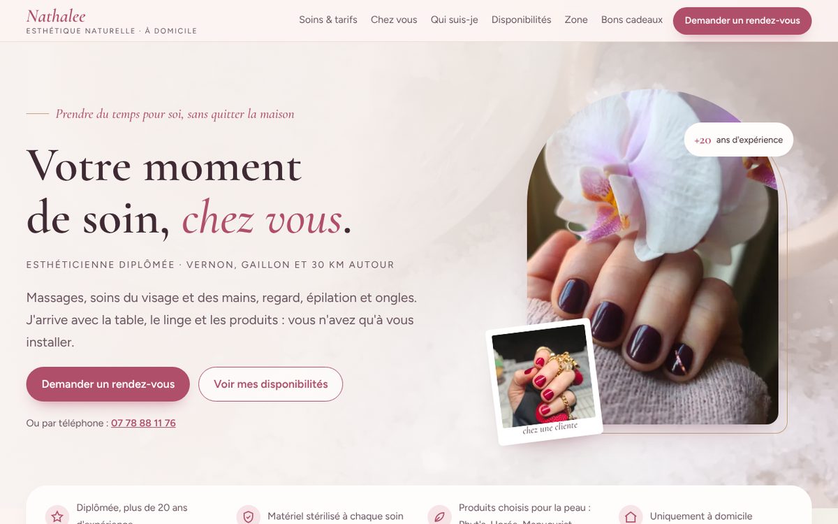 Page d'accueil du site Nathalee Esthétique Naturelle : « Votre moment de soin, chez vous », esthéticienne diplômée à Vernon, Gaillon et 30 km autour