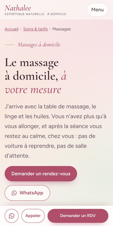 Page massage à domicile du site, sur téléphone, avec les boutons Appeler et WhatsApp